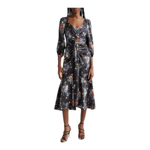Cinq à Sept Black Floral Ruched Midi Dress Size 16
